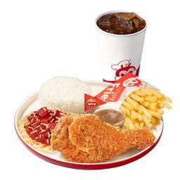 1-pc. Spicy Chickenjoy, Half Jolly Spaghetti, Reg. Fries with Rice and Reg. D...