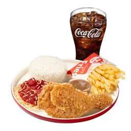 1-pc. Chickenjoy, Half Jolly Spaghetti, Reg. Fries with Rice and Reg. Drink